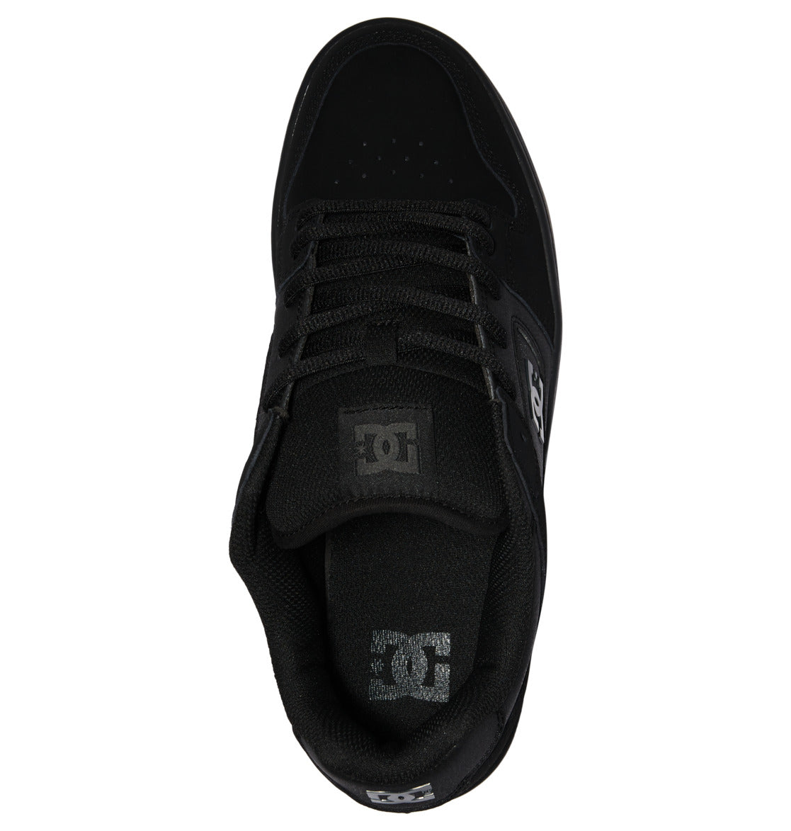 Top view of the DC Shoes Men’s Manteca 4 skate shoe in black, featuring black laces, breathable perforations on the toe area, and the DC logo displayed on both the tongue and insole—delivering modern comfort with every step.