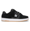 The image displays the DC Shoes Men’s Manteca 4 Skate Shoes in black, featuring a white DC logo on the side, black laces, a durable cupsole, white midsole, and a light brown gum outsole with added impact protection insoles, shown in a side profile view against a white background.