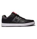 The Men’s DC Cure Shoes by DC Shoes feature a black leather and nubuck upper, a white sole, gray detailing at the heel, and red branding on the tongue. Durable and stylish for everyday wear, this shoe is shown in a side view against a white background.