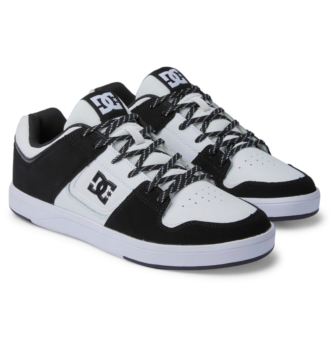 A pair of Men’s DC Cure Shoes by DC Shoes, featuring a black and white colorway, leather upper, patterned laces, logo detailing on the tongue and side, and crisp white soles—ideal for everyday wear—are displayed side by side on a plain background.