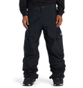 A person wearing loose-fitting black DC Shoes Men’s Banshee Insulated Pants, paired with a black sweatshirt and black sneakers, stands against a plain white background. The pants, designed as essential winter gear by DC Shoes, feature side pockets and a small white logo on the left thigh.