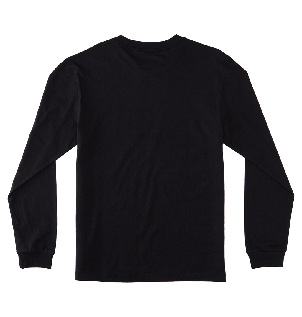 The Men's DC Star Tee by DC Shoes is a black long-sleeve graphic shirt with a crew neckline and ribbed cuffs, shown laid flat with the back facing up—ideal for skate sessions or casual wear.