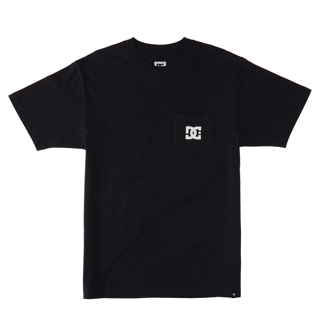The Men's DC Star Pocket Tee by DC Shoes is a black, short-sleeve skate shirt with a relaxed fit and a small left chest pocket featuring a white DC logo. Displayed flat on a white background.