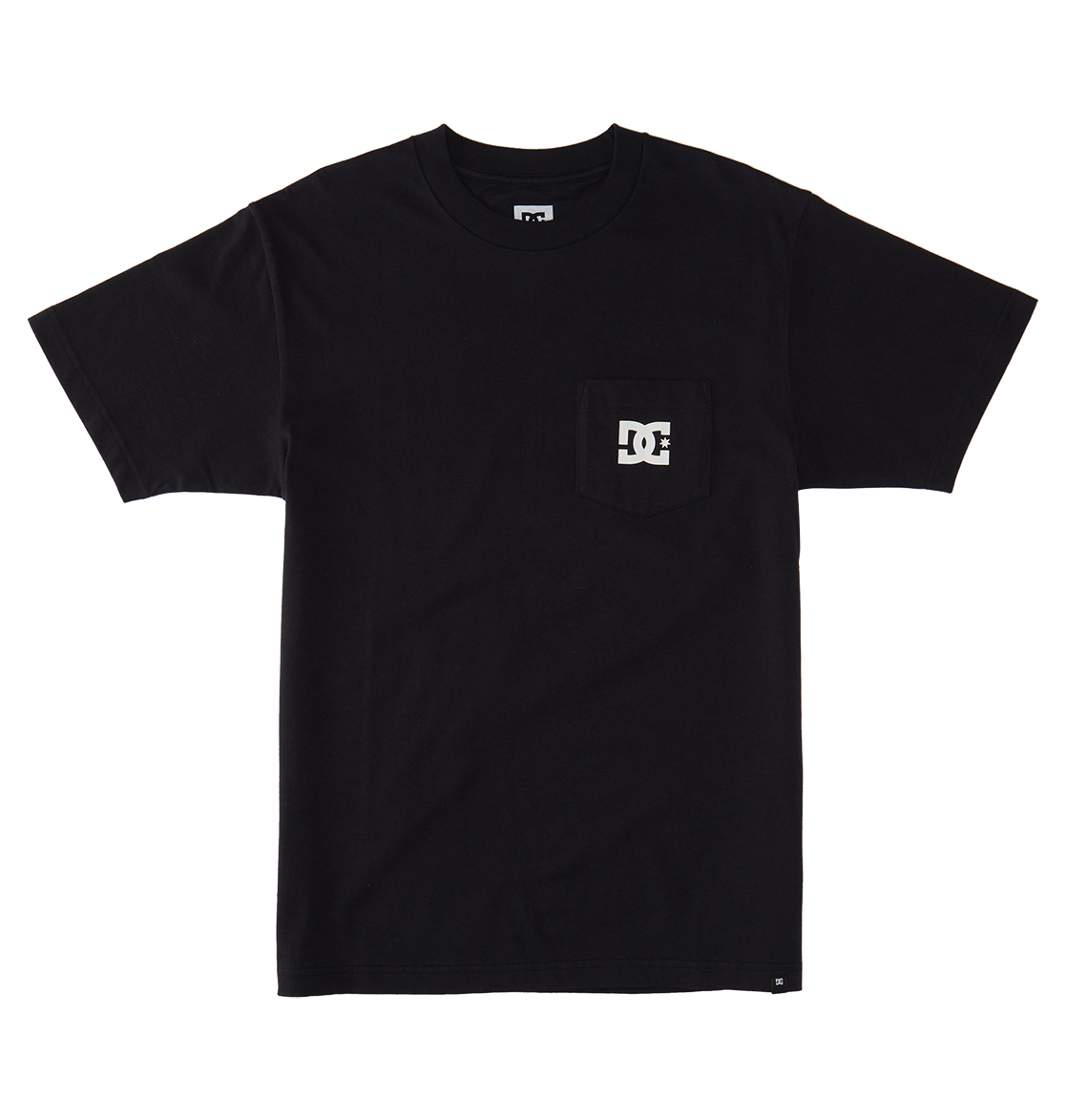 The Men's DC Star Pocket Tee by DC Shoes is a black, short-sleeve skate shirt with a relaxed fit and a small left chest pocket featuring a white DC logo. Displayed flat on a white background.