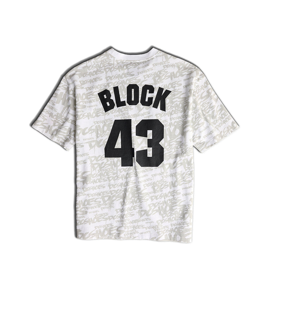 DC Shoes Men’s Block43 HSS T-Shirt in white with short sleeves features grey graffiti-style text and large black BLOCK print letters with the number 43 on the back, inspired by Ken’s Rally Teamworks Collection.