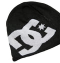The Big Star Visor by DC Shoes is a black beanie featuring a prominent white DC logo with a star on the front, highlighting bold brand styling. Crafted with classic knit construction, the hat is displayed laid flat on a white background.