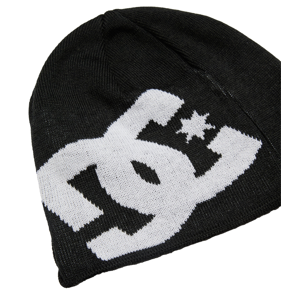 The Big Star Visor by DC Shoes is a black beanie featuring a prominent white DC logo with a star on the front, highlighting bold brand styling. Crafted with classic knit construction, the hat is displayed laid flat on a white background.