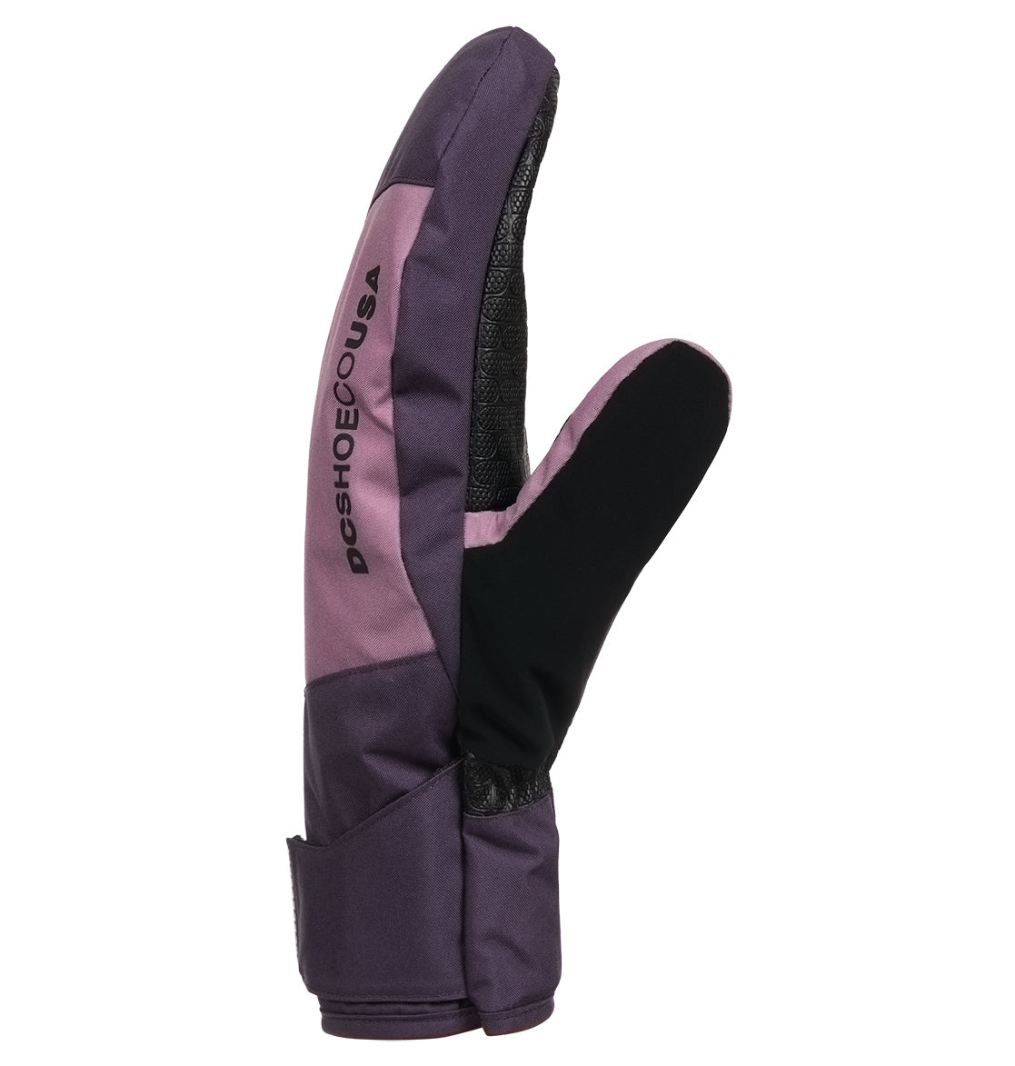 The DC Shoes Franchise Mitts W 10K are purple and black winter mittens with “DC SHOES USA” printed on the side, featuring a textured palm grip and a Velcro wrist strap for secure fit. These snow gloves deliver insulated warmth and reliable weather protection.