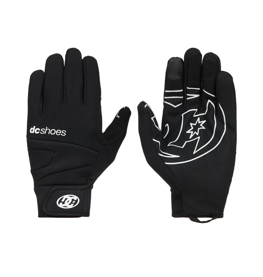 Two Trackstar Park Gloves by DC Shoes are displayed, one palm up and one palm down. The black gloves feature white DC Shoes logos on the back and palm, offering insulated warmth for cold weather.