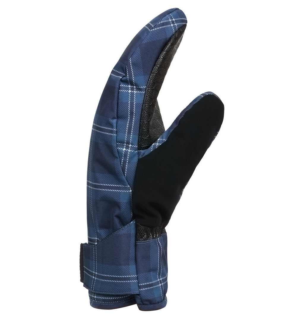 The DC Shoes Franchise Print Mitts 10K, shown in a blue plaid design, feature a split construction that separates the thumb and index finger from the remaining three fingers, providing insulated warmth and dependable weather protection against the elements. Displayed on a white background.