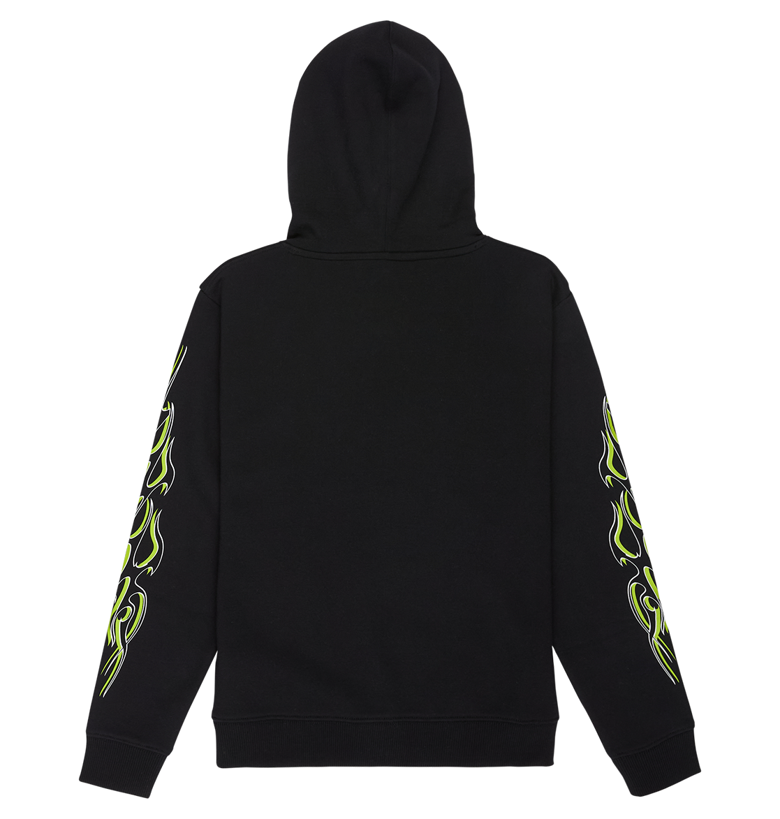 The Side Flame Hoodie Youth by DC Shoes is shown from the back, featuring vibrant yellow and green flame graphics running down both sleeves, inspired by bold DC graphics. The background is plain white.