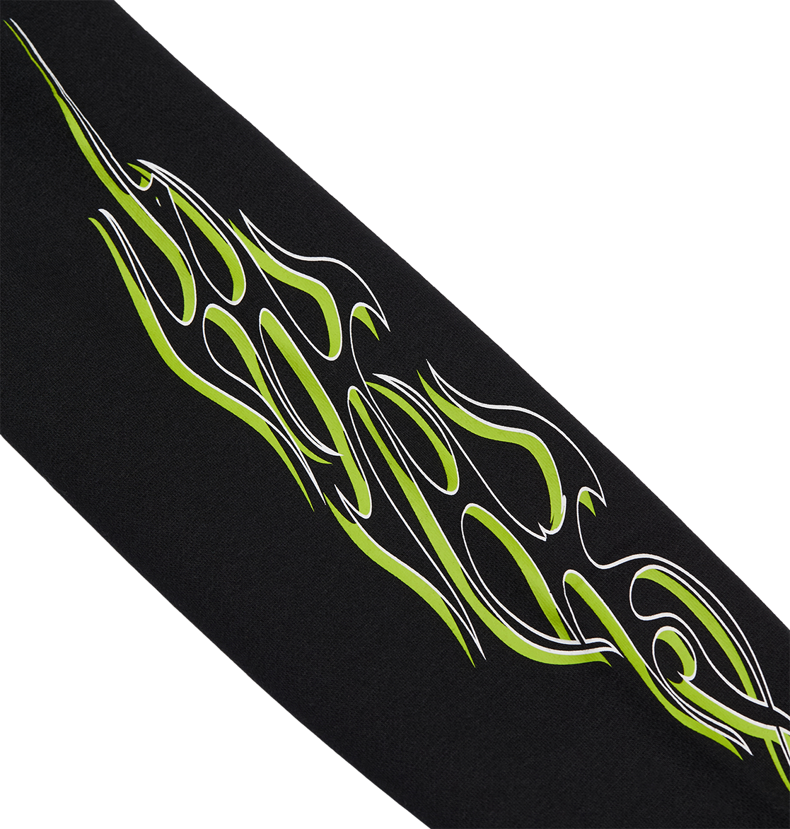 The DC Shoes Side Flame Hoodie Youth is a black fleece hoodie with a neon green and white tribal flame design running diagonally across it.