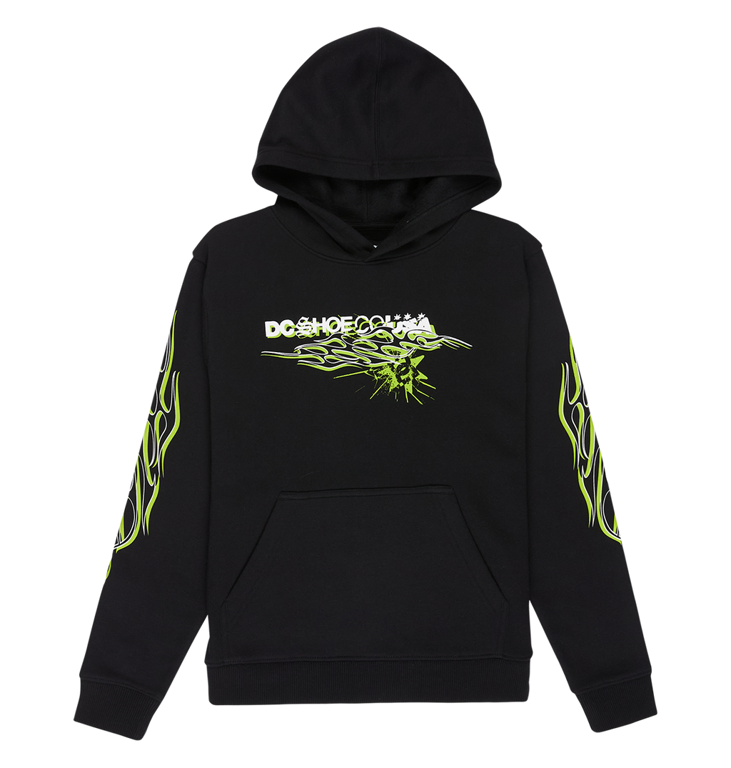 Introducing the Side Flame Hoodie Youth by DC Shoes—a black pullover hoodie featuring a front pocket, neon green flame graphics running down both sleeves, and bold stylized white and green "DC" graphics text across the chest.