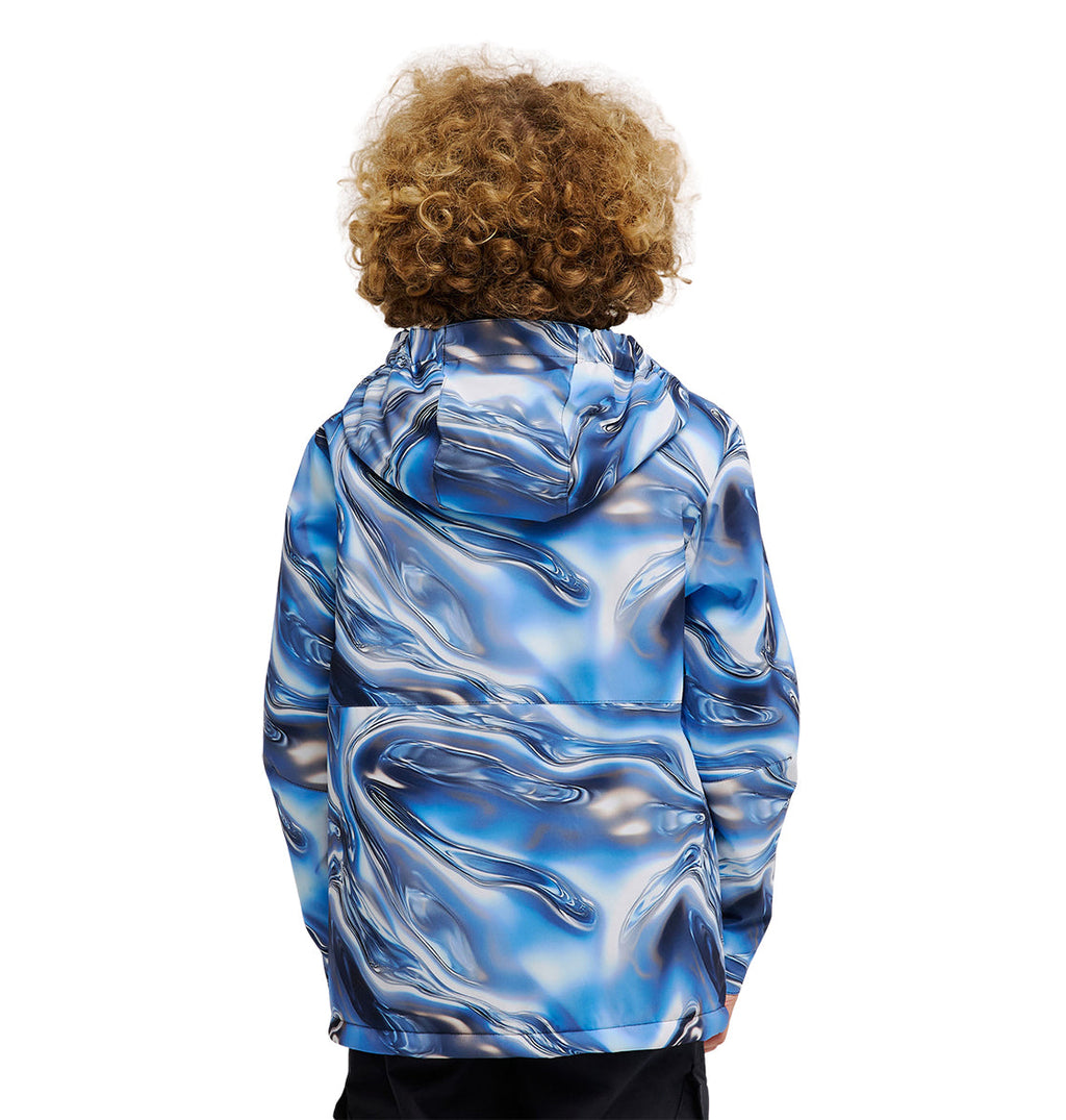 A child with curly hair, seen from behind, wears a blue and silver marbled-pattern Basis Youth Jacket by DC Shoes with a hood.