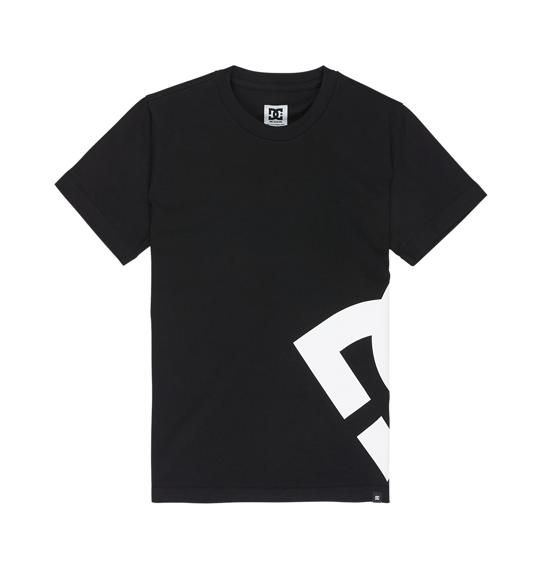 The DC Lanai Tee Youth by DC Shoes is a black short-sleeve skate shirt featuring a relaxed fit, a large white geometric graphic on the lower right, and a small DC logo tag near the collar.