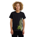 A young person with curly blond hair wears the DC Shoes DC Side Flame Tee Youth, a relaxed fit black skate t-shirt featuring a neon green and white abstract design on the lower side, standing against a plain white background.