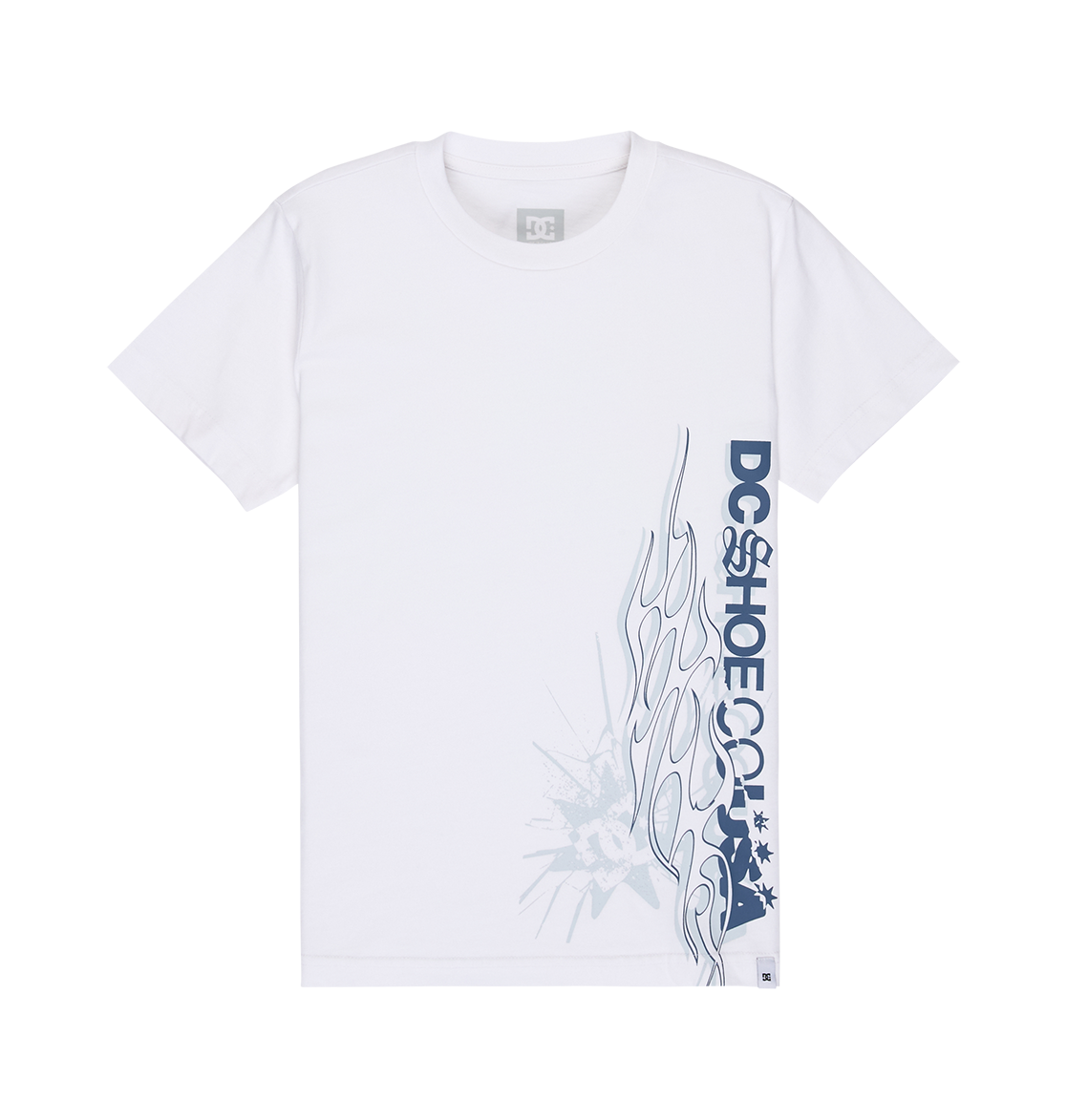 The DC Side Flame Tee Youth by DC Shoes is a white, short-sleeve skate t-shirt featuring a blue DC Shoes logo and abstract flame graphics on the lower right side. Designed with a relaxed fit, classic crew neckline, and a small tag at the bottom hem.