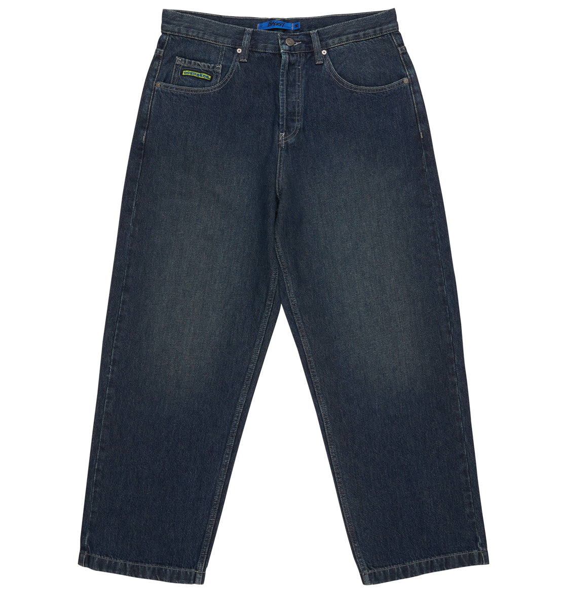 The Men’s Worker Baggy Denim Double That Jeans by DC Shoes are heavyweight dark blue denim jeans with a relaxed, 90s skate-style fit. They feature five pockets, silver button and rivets, and a small green and black patch above the right front pocket. The baggy denim jeans are displayed laid flat on a white background.