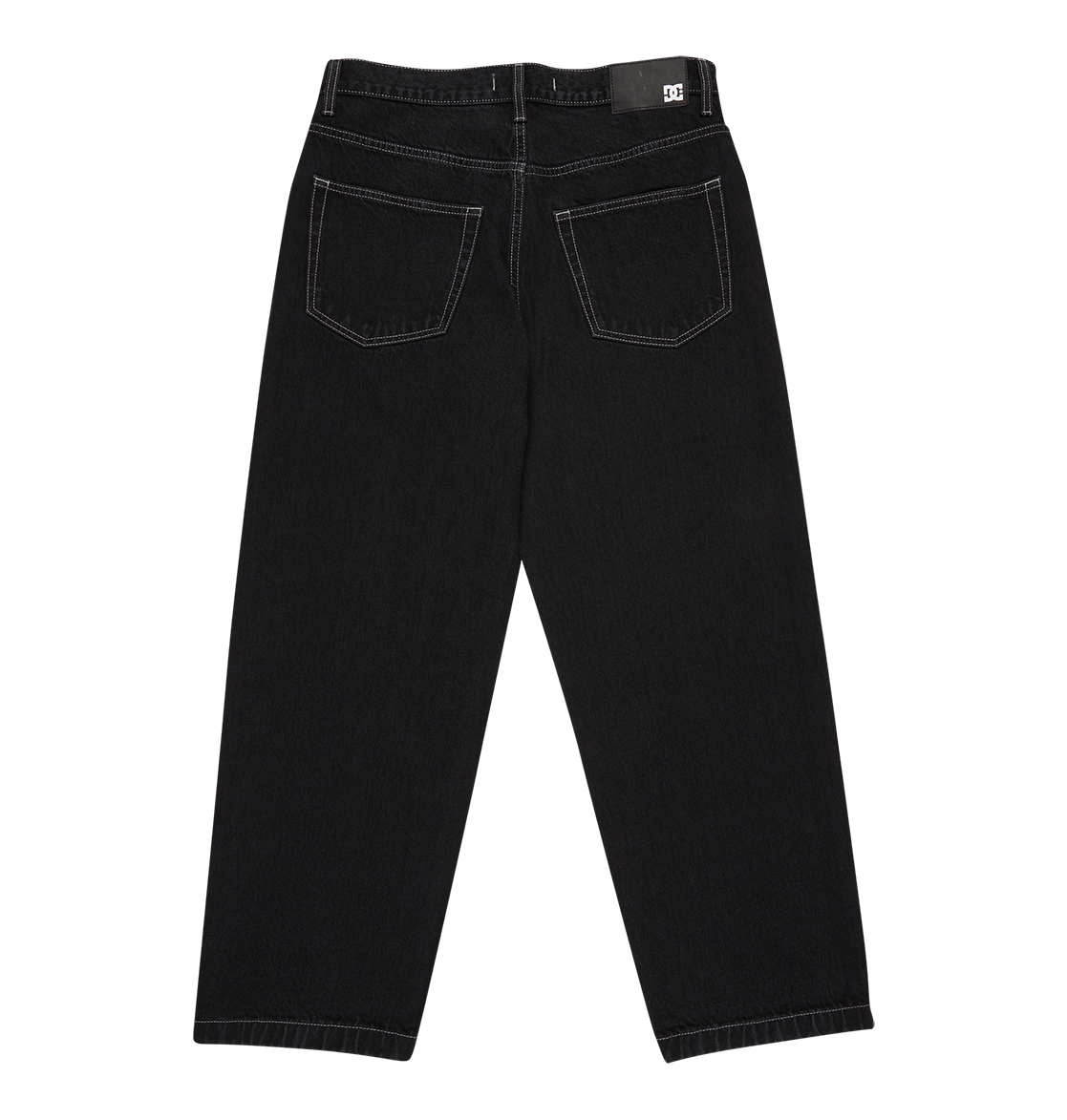 Back view of DC Shoes Men's Baggy Denim Pant in black heavyweight denim with white stitching, two back pockets, and a black waistband label, shown on a white background.