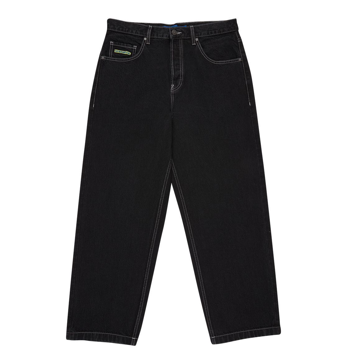 The Men's Baggy Denim Pant by DC Shoes is a pair of black heavyweight denim straight-leg jeans with white stitching, five pockets, and a small green and yellow label above the right front pocket, shown on a plain white background.