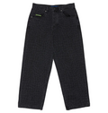 The DC Shoes Men's Baggy Denim Snake Print Pant features a subtle laser reptile-skin pattern, five pockets, a green label on one front pocket, and a baggy fit. Shown laid flat on a white background.