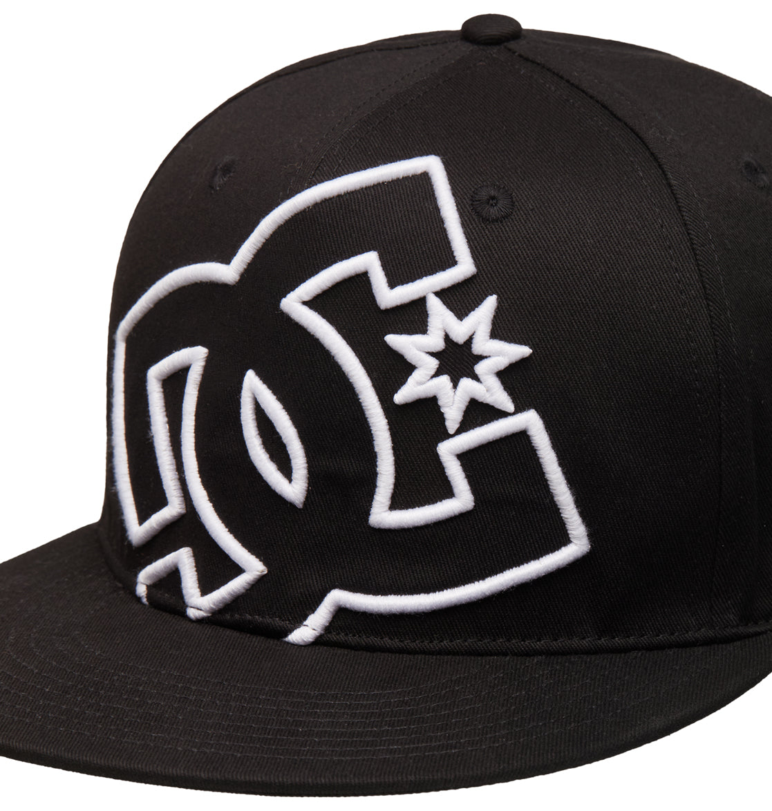 The Reebok DC Double That Cap is a black flat-brim baseball cap featuring a large white embroidered DC Shoes logo with a star on the front panel.