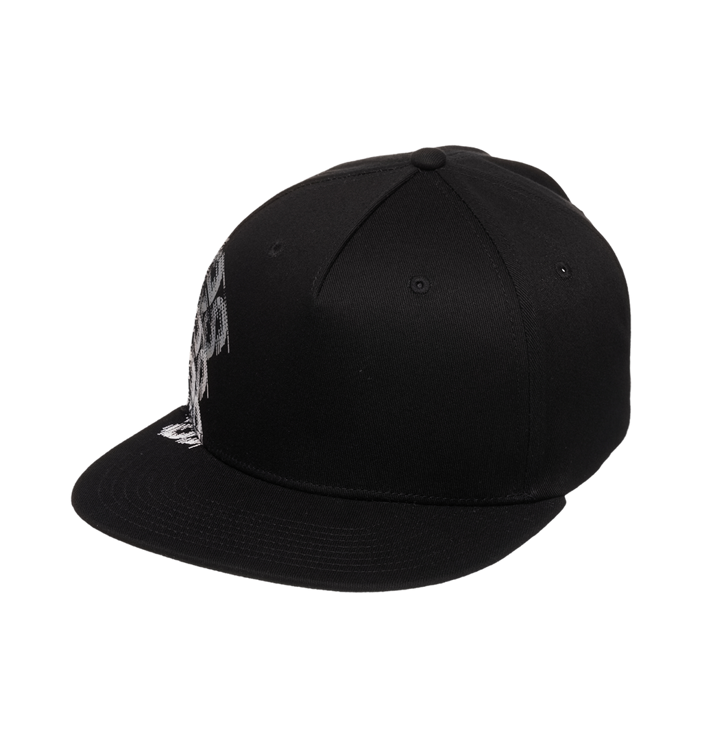 The Men's DC Omega 2 Cap by DC Shoes is a black skate snapback with a flat brim, shown angled on a white background. Part of the white embroidered DC branding appears on the front left side.