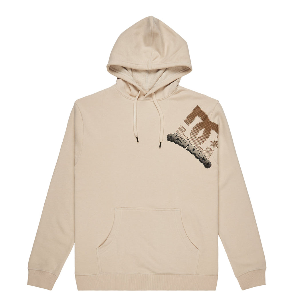 Men’s Solid Lefty Hoodie by DC Shoes in beige streetwear style, featuring a front pocket, an adjustable hood with drawstrings, and a bold brown and black DC Shoes logo on the upper left chest for standout style.