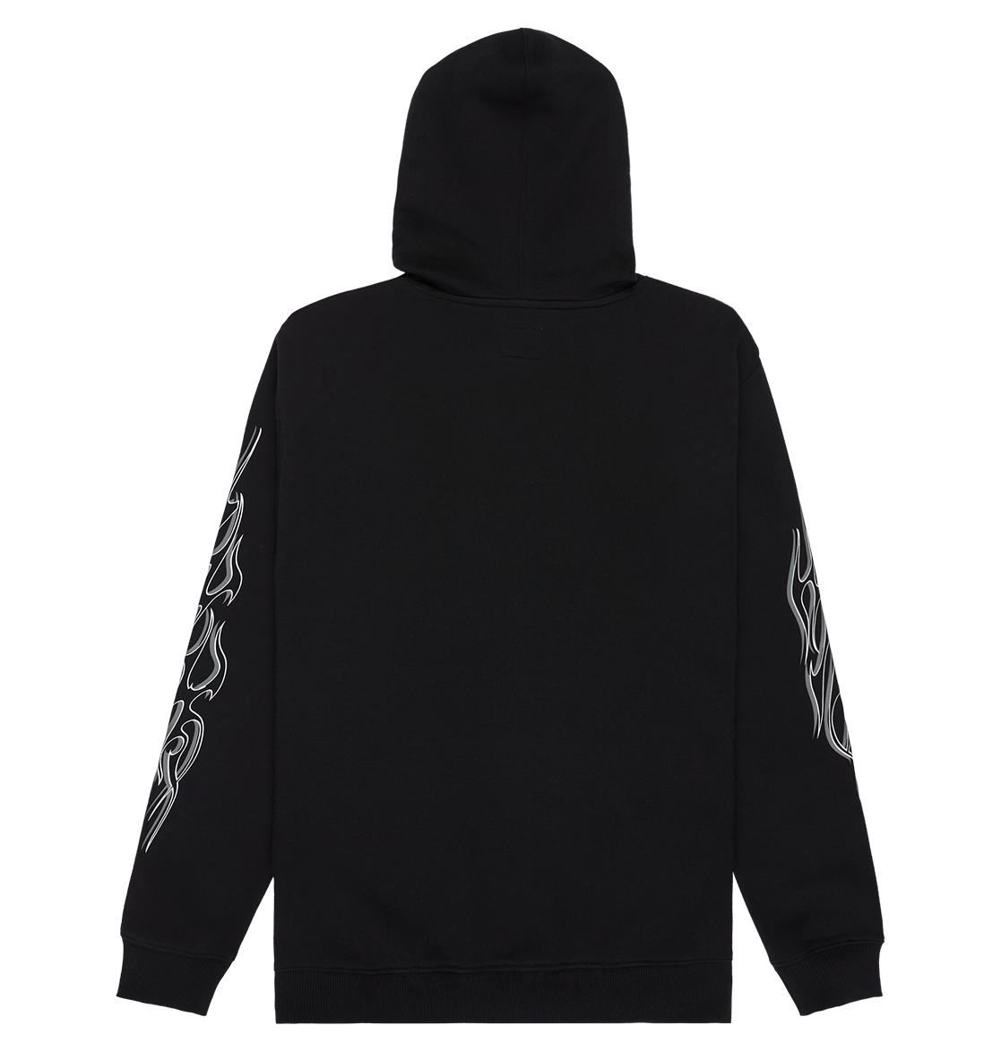 The DC Shoes Men's Side Flame Hoodie is displayed from the back with the hood up, highlighting bold white flame designs running down both sleeves. Made with warm fleece, this hoodie is set against a plain white background.