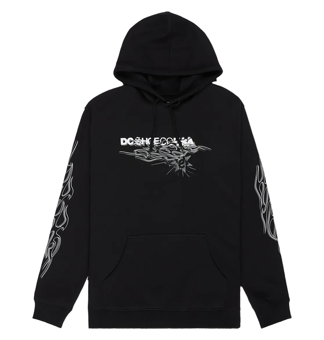 Introducing the Men's Side Flame Hoodie from DC Shoes—a black pullover hoodie with striking white flame graphics down the sleeves and bold DC branding with text on the chest. Designed for ultimate comfort, it features a soft fleece interior, convenient front pocket, and adjustable drawstrings.
