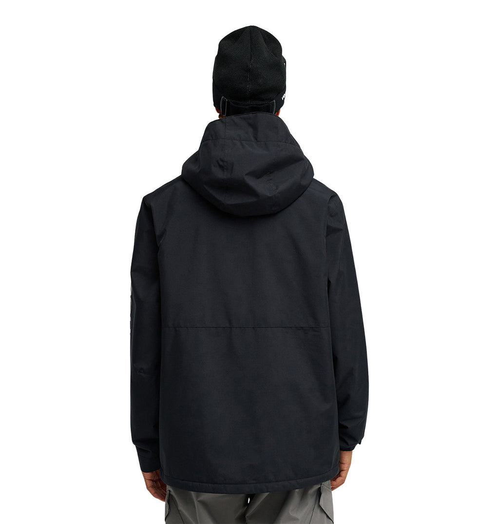 A person is shown from the back, wearing the DC Shoes Basis Jacket 10K in black with a hood and a black beanie, standing against a plain white background.