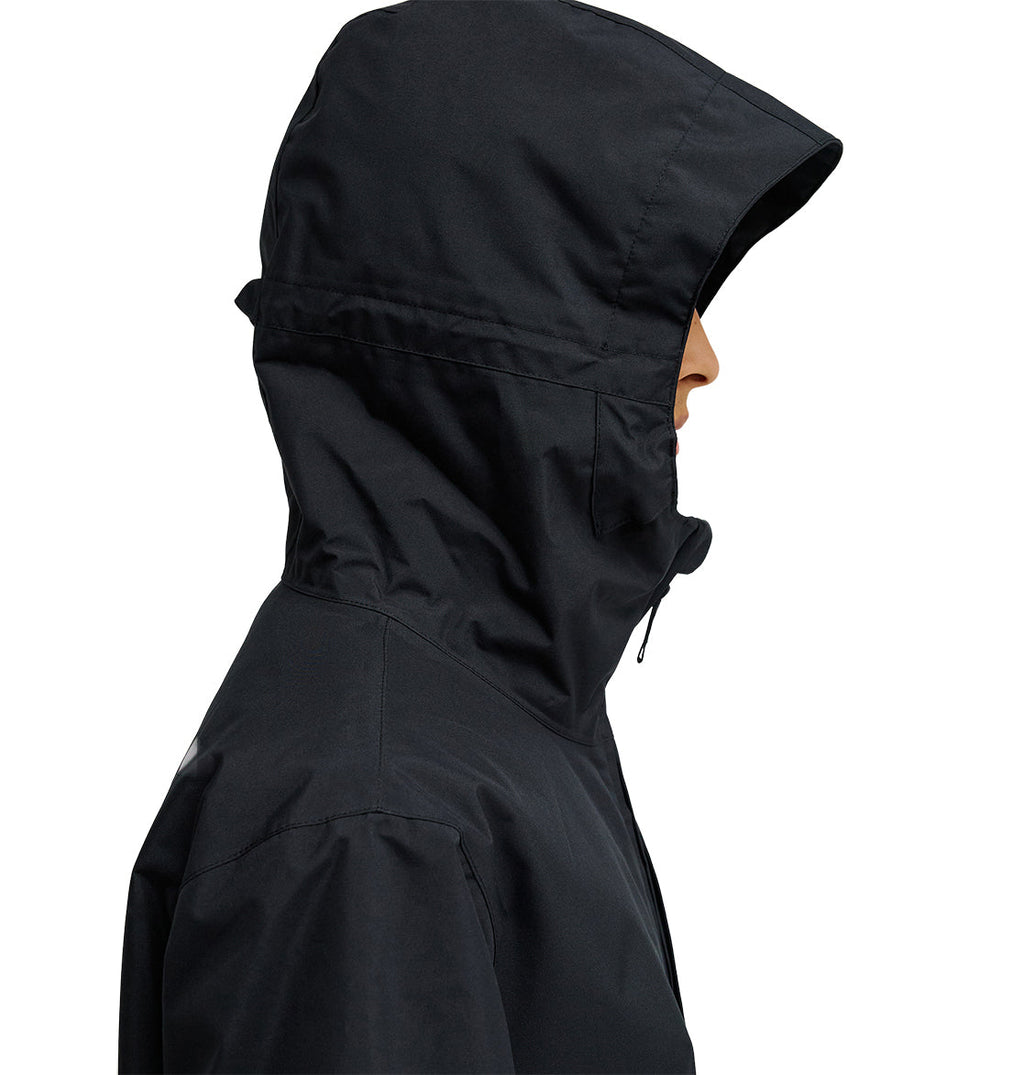 A person is shown in profile view wearing the DC Shoes Basis Jacket 10K in black, with the hood up covering most of their head and face, set against a white background.