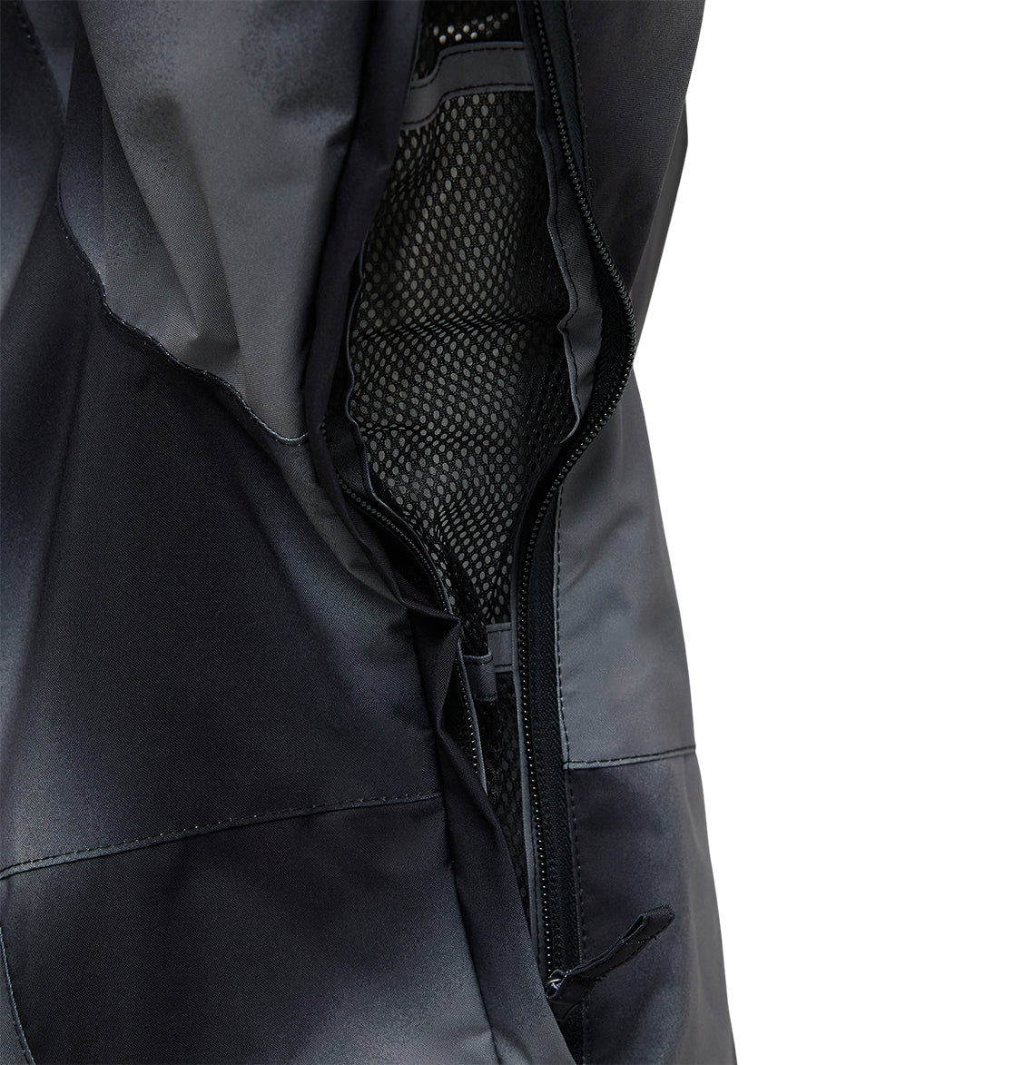 Close-up of the DC Shoes Basis Jacket 10K in black, featuring a partially unzipped vent that reveals its mesh lining, set against a white background.