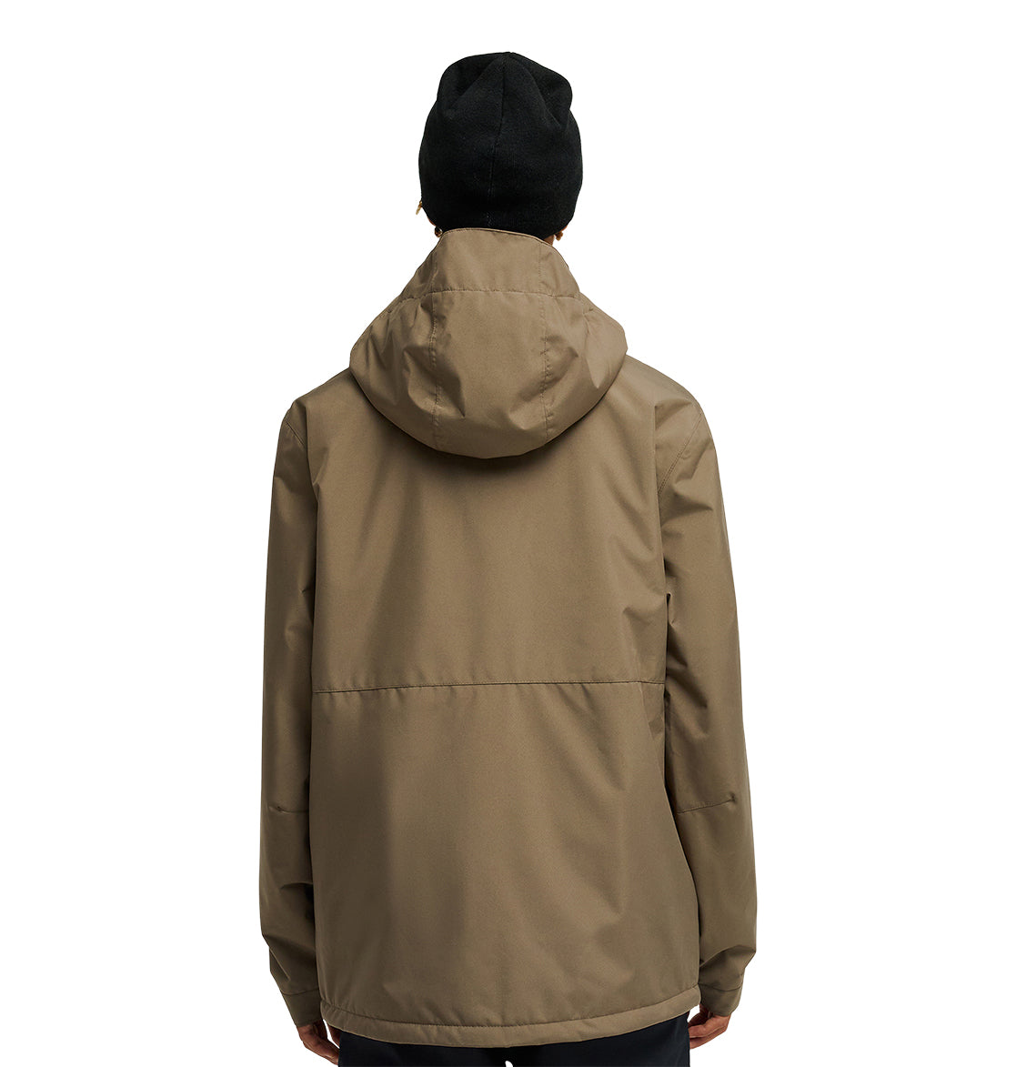 A person wearing a brown DC Shoes Basis Jacket 10K with a hood and a black beanie stands facing away from the camera against a plain white background.