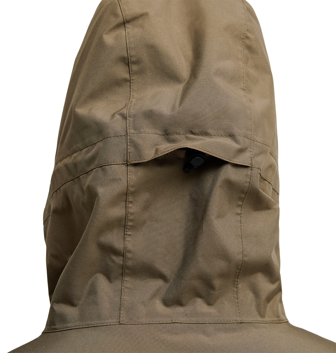 Close-up of the back of the tan DC Shoes Basis Jacket 10K, highlighting the stitching details and an adjustment tab near the top center of the hood. This jacket features 10K waterproof protection and breathable fabric, making it ideal for changing weather conditions.