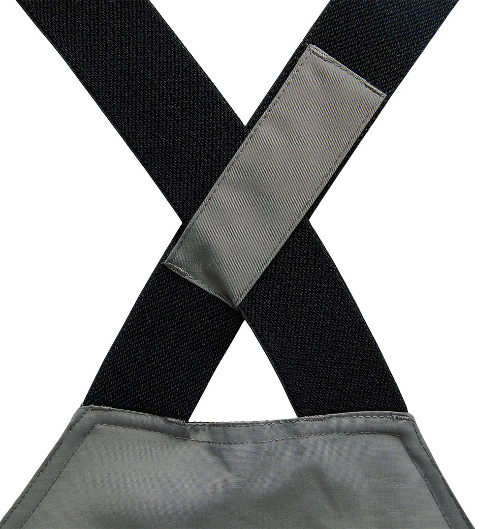 Close-up of two black straps on the DC Shoes Mountain Lab Bib 20K crossing in an X shape, secured by a gray fabric patch, with part of the gray bib visible at the bottom—designed to provide breathable protection for comfort during any task.