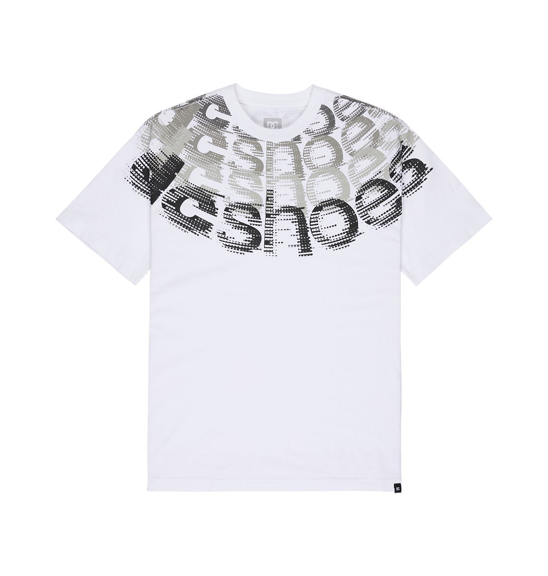 The Men’s DC Omega 2 Tee by DC Shoes features a white short-sleeve design with a gray and black pixelated graphic across the upper chest and shoulders, showcasing the repeating word “SHOES” in a bold, stylized font. This skate-inspired tee offers a relaxed fit and is made from soft cotton for comfortable, all-day wear.