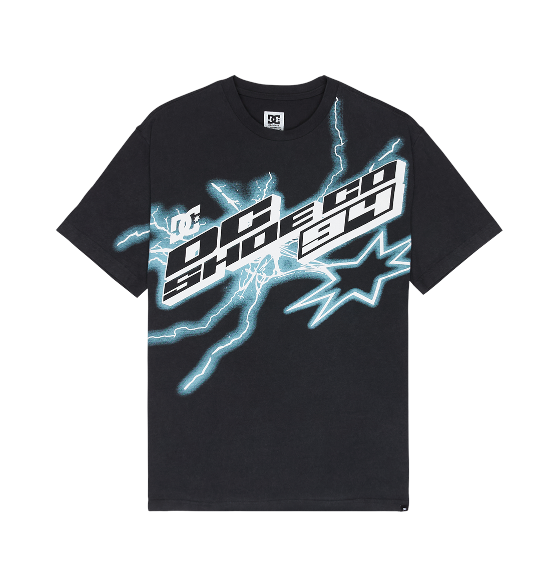 The Men's DC Star Struck Tee by DC Shoes is a black graphic skate shirt showcasing blue lightning designs and striking white "DC SHOES 94" text across the chest. Crafted for a relaxed fit, it’s completed with unique star struck artwork near the bottom right, adding an extra element of style.