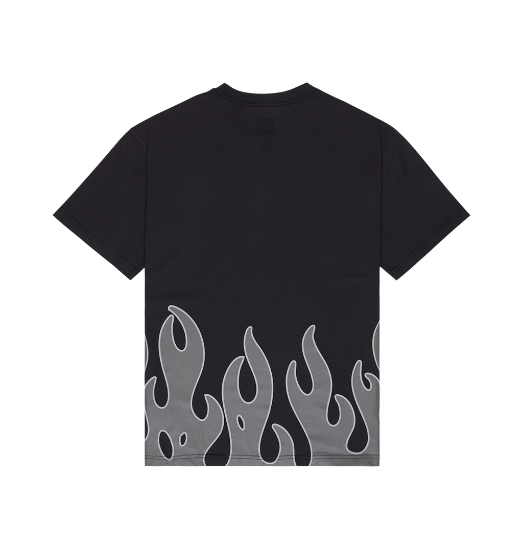 Men's DC Burning Diamonds Tee by DC Shoes features a black design with a striking gray flame graphic rising from the bottom hem and wrapping around the lower half—a bold, eye-catching skate tee. Set against a plain white background.
