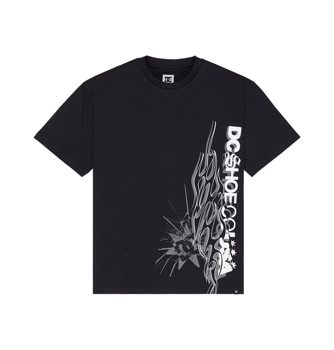 Introducing the Men's DC Side Flame Tee by DC Shoes—a black graphic tee showcasing bold white DCSHOECO text and an eye-catching flame graphic on the right side, accented with a dynamic starburst design. Perfect for skate sessions, this modern streetwear staple features signature DC artwork set against a sleek plain background.