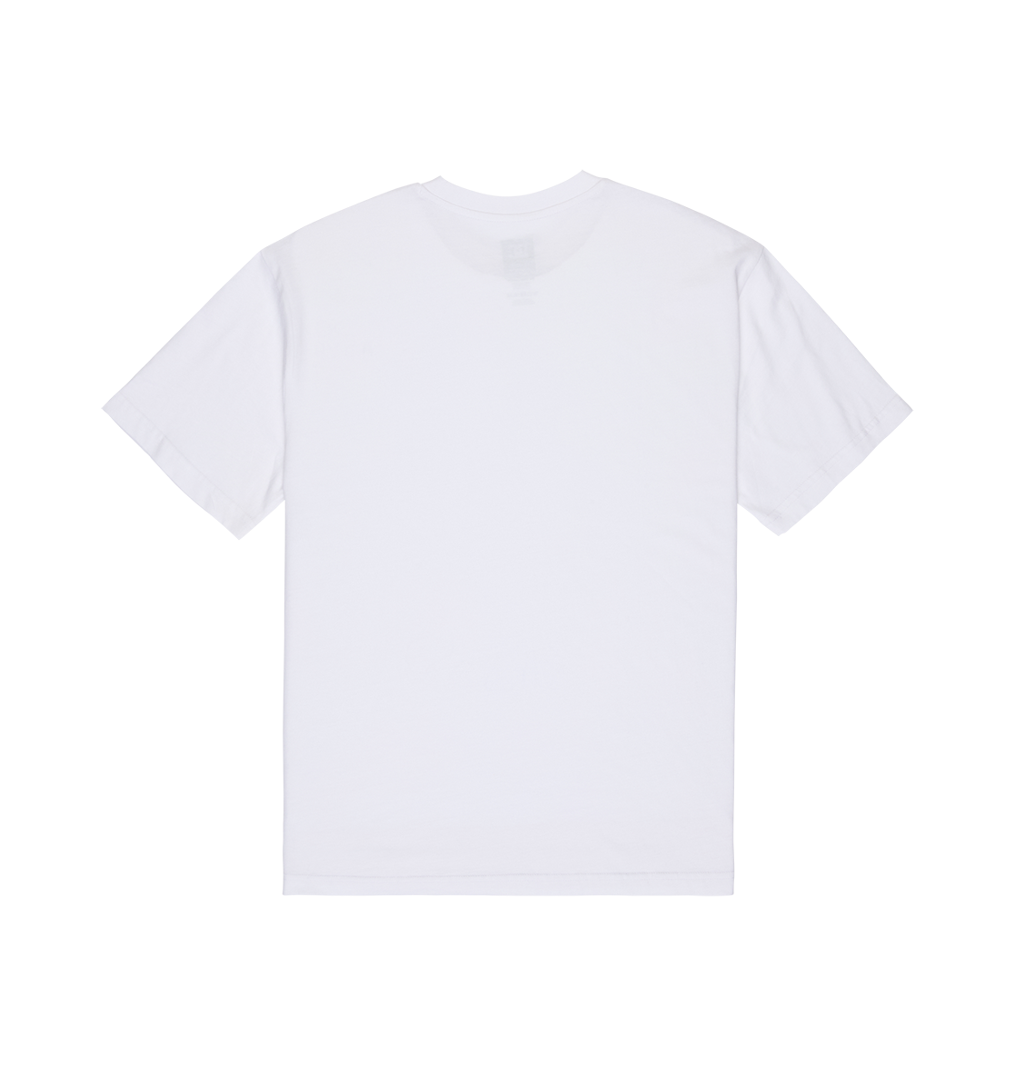 A Men's DC Side Flame Tee by DC Shoes, featuring a relaxed fit and short sleeves in plain white, is displayed laid flat on a white background with the back facing up.