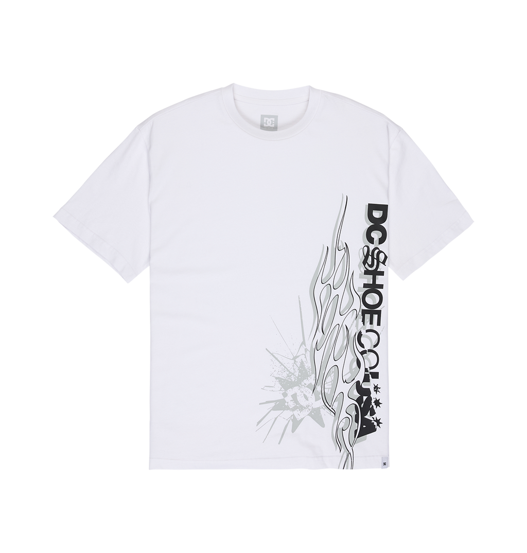 Men's DC Shoes Side Flame Tee in white, featuring a black and gray abstract graphic with stars, splash accents, and "DC SHOE CO USA" text along the lower right side. The relaxed fit ensures all-day comfort.