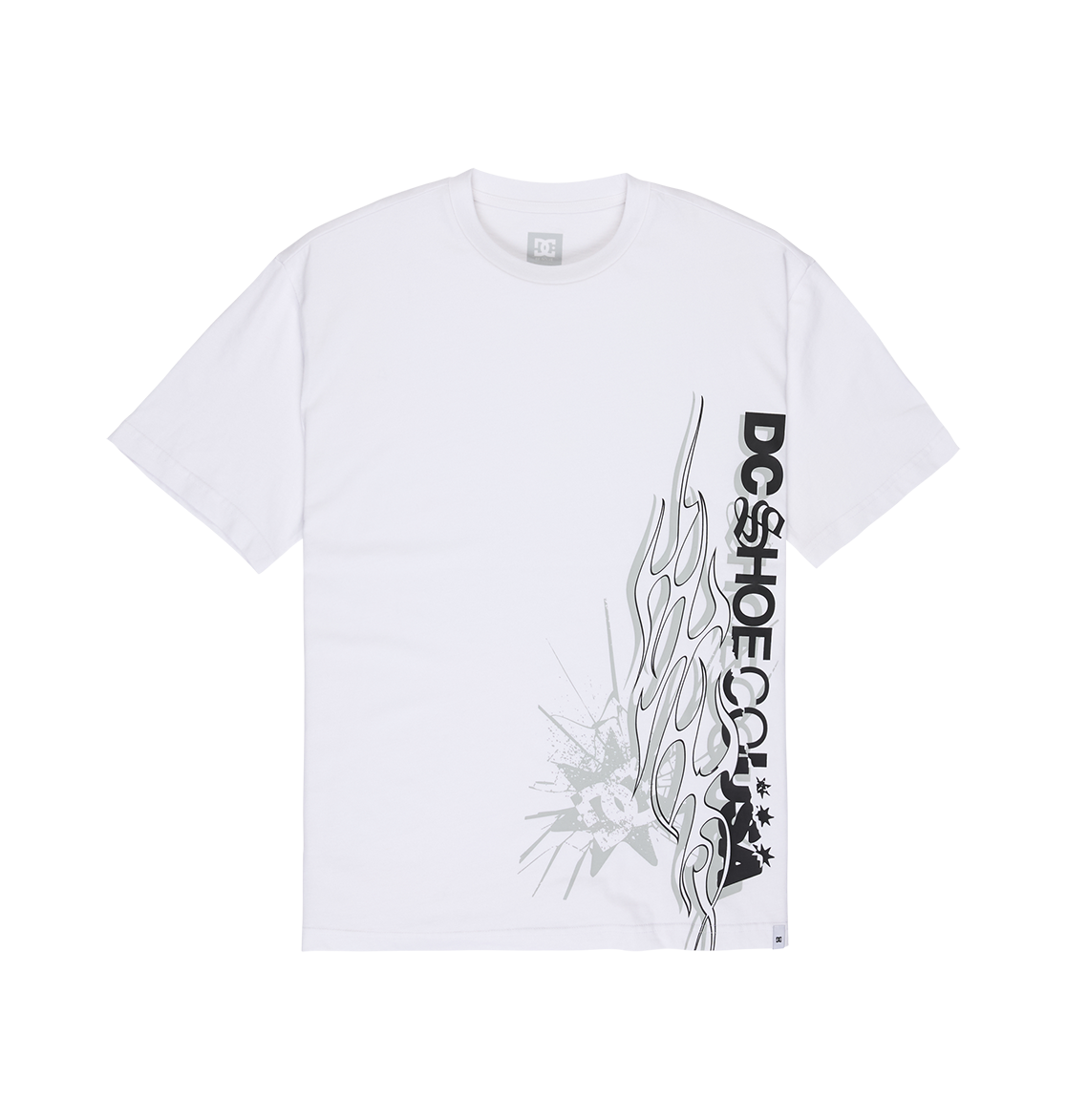 Men's DC Shoes Side Flame Tee in white, featuring a black and gray abstract graphic with stars, splash accents, and "DC SHOE CO USA" text along the lower right side. The relaxed fit ensures all-day comfort.